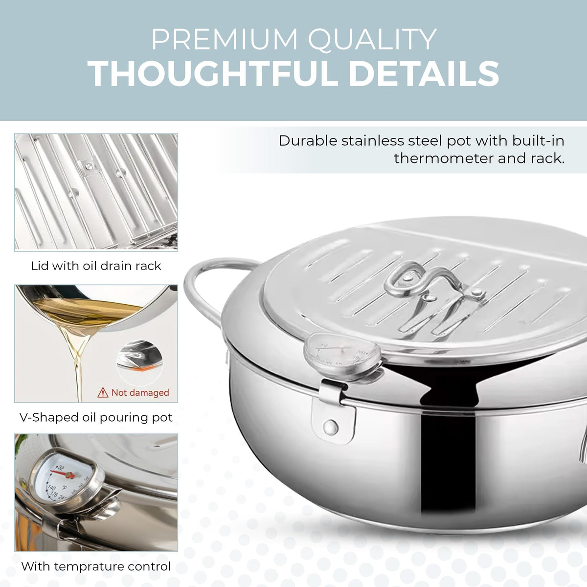 11-Inch Stainless Steel Deep Fryer Pot with Oil Thermometer K3225