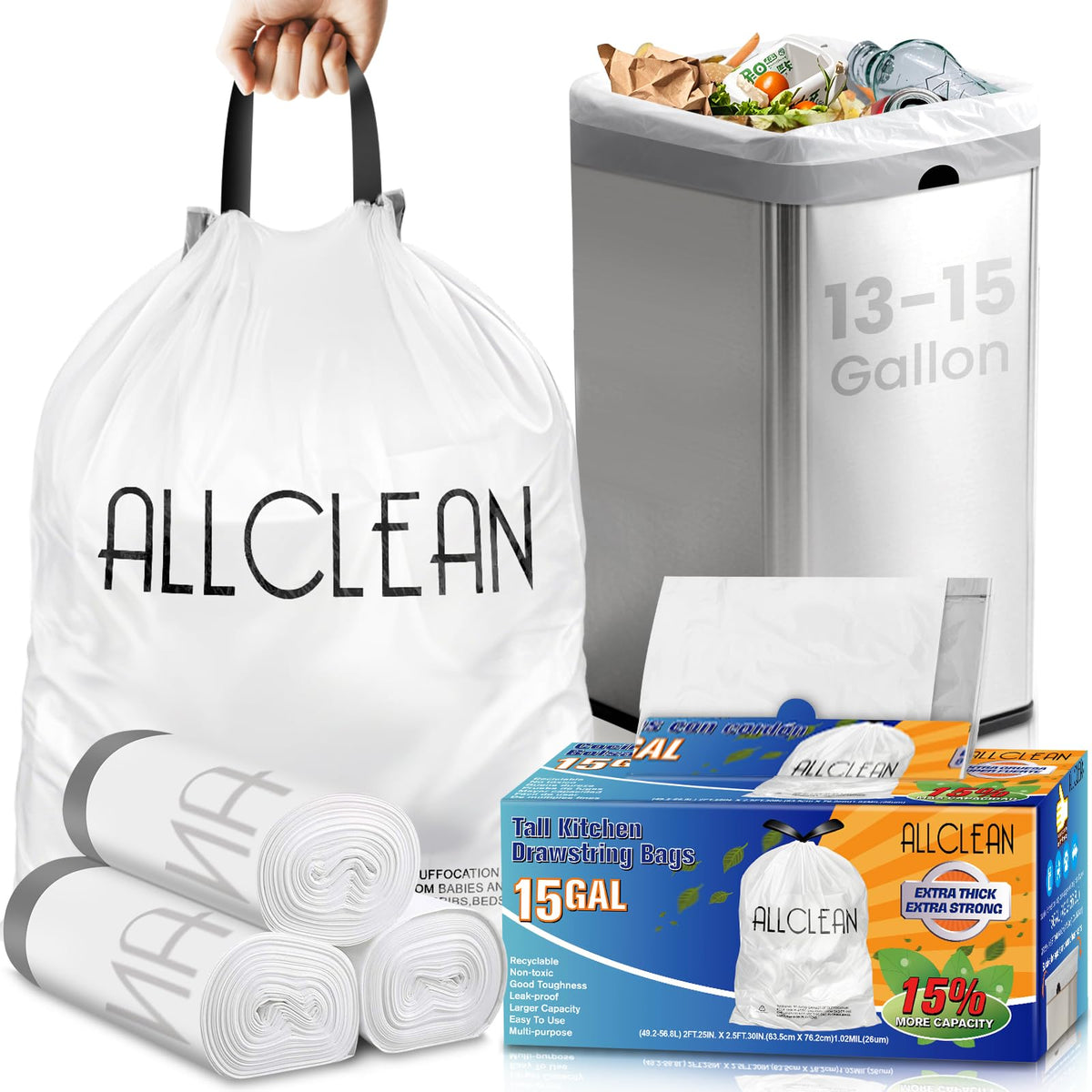 15 Gallon Drawstring Tall Kitchen Trash Bags N9291