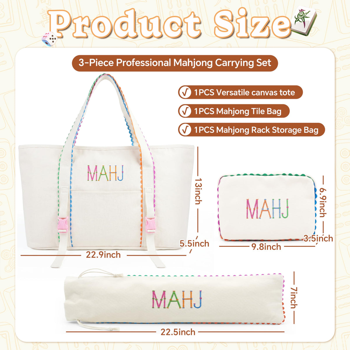 3 Pcs Canvas Mahjong Bag Set W736030