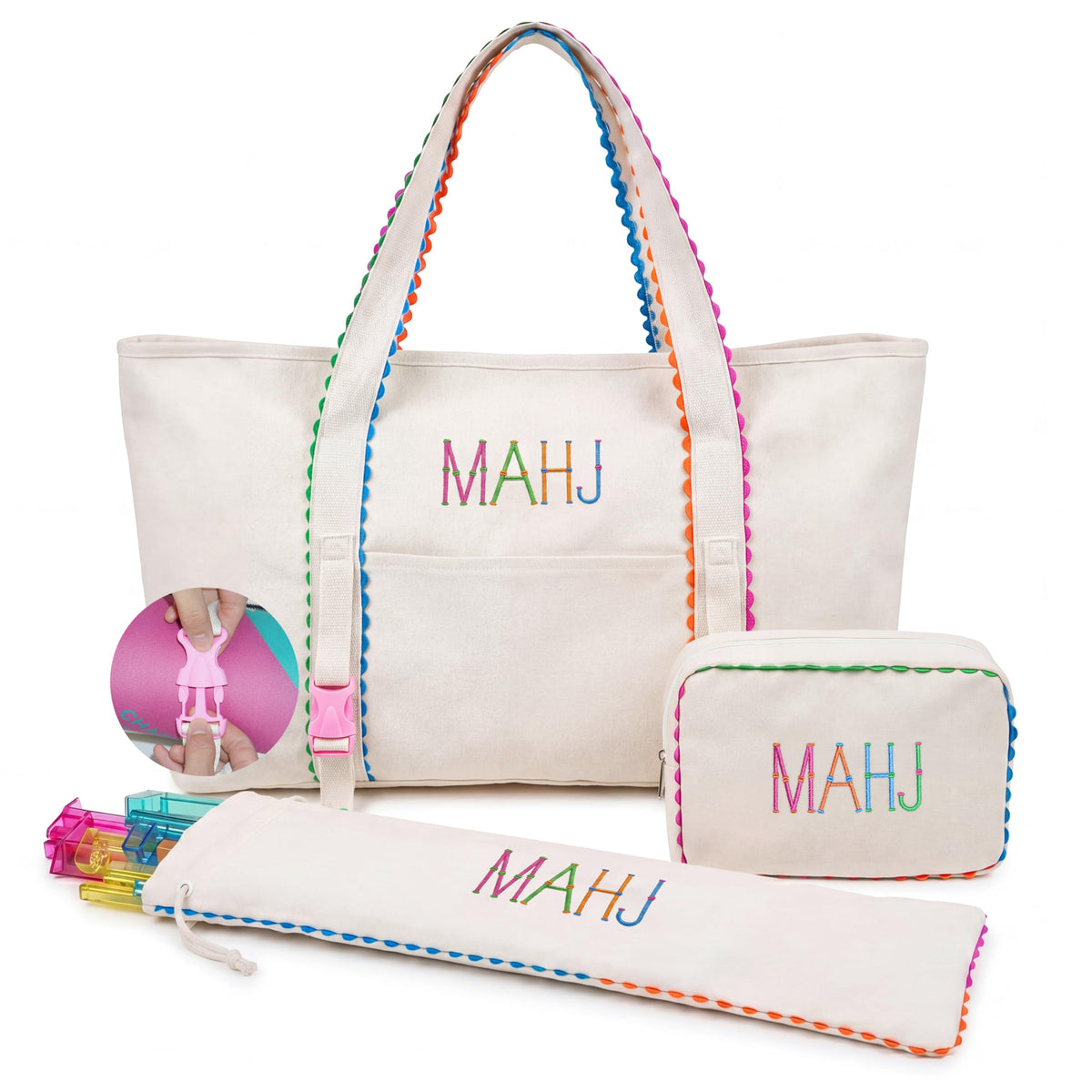 3 Pcs Canvas Mahjong Bag Set W736030