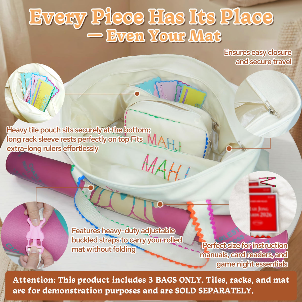 3 Pcs Canvas Mahjong Bag Set W736030
